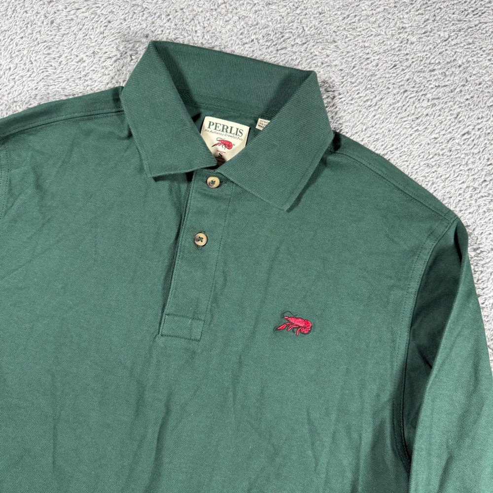 Perlis Long Sleeve Mech Polo Mens Small Green Crawfish Logo Peruvian Cotton